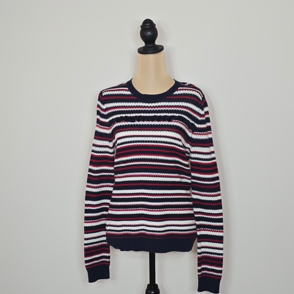 Brooks Brothers Red Fleece Women's Striped Sweater Size M Navy Red White Ruffle